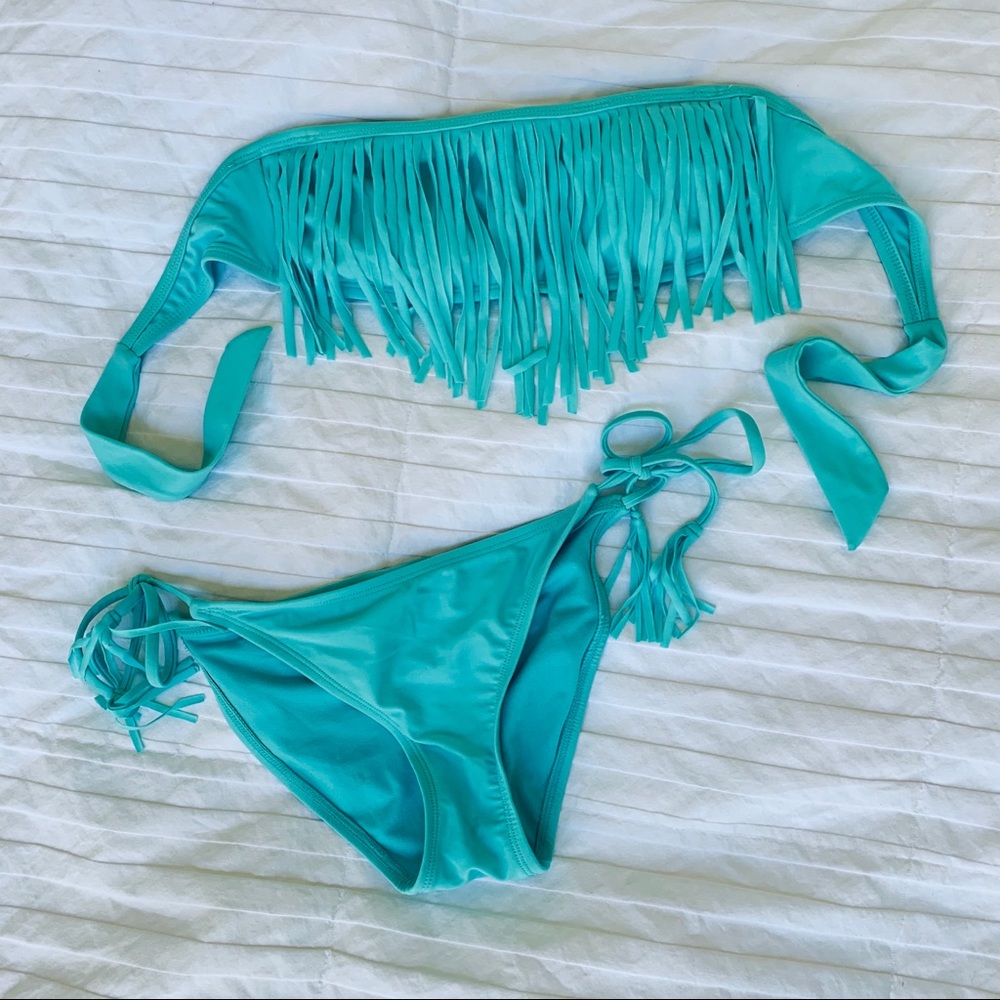 Turquoise Fringe Two Piece Swimsuit